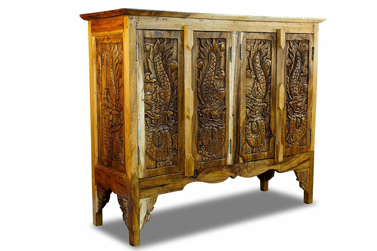 Kinaree Solid Acacia Wood Sideboard Cabinet Dragon Carving Thailand, Natural