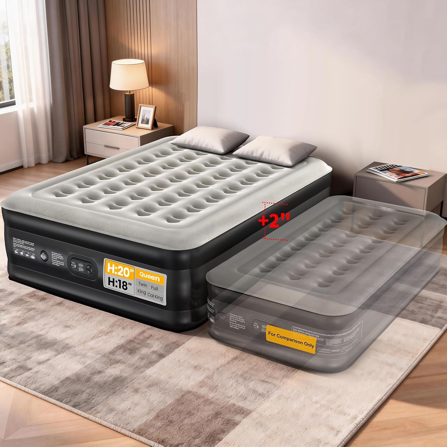OhGeni Queen Air Mattress 20in Built-in Pump 650lbs Capacity Raised