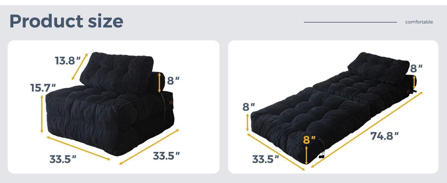 Folding Sofa Bed Adjustable Convertible Single Chair Black Corduroy
