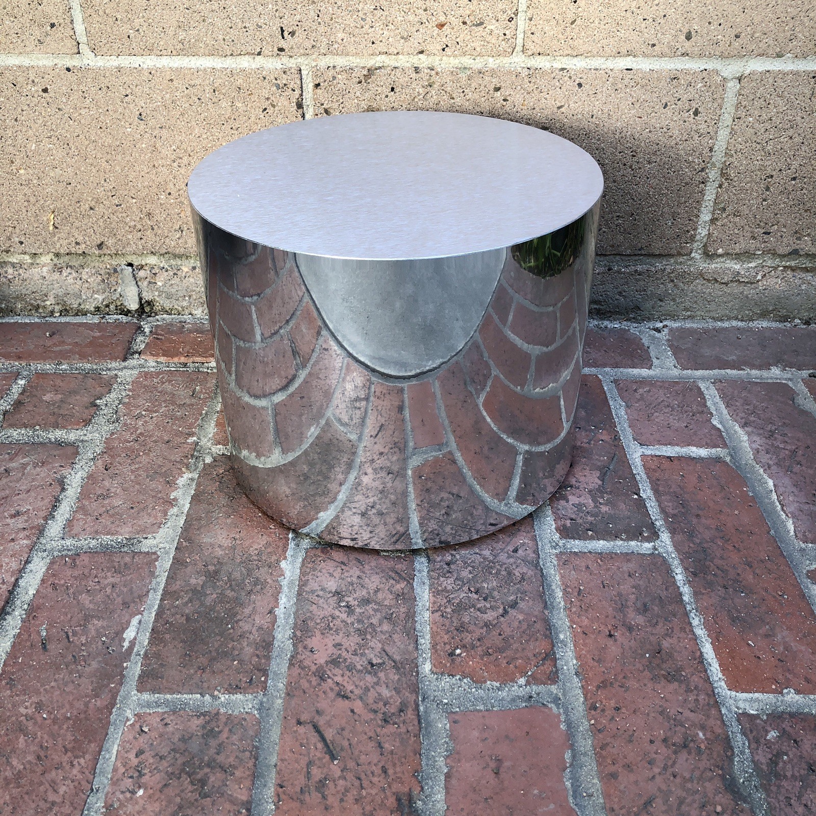 Vintage MCM Milo Baughman Style Stainless Drum End Table Pedestal 12” D x 9.5 H