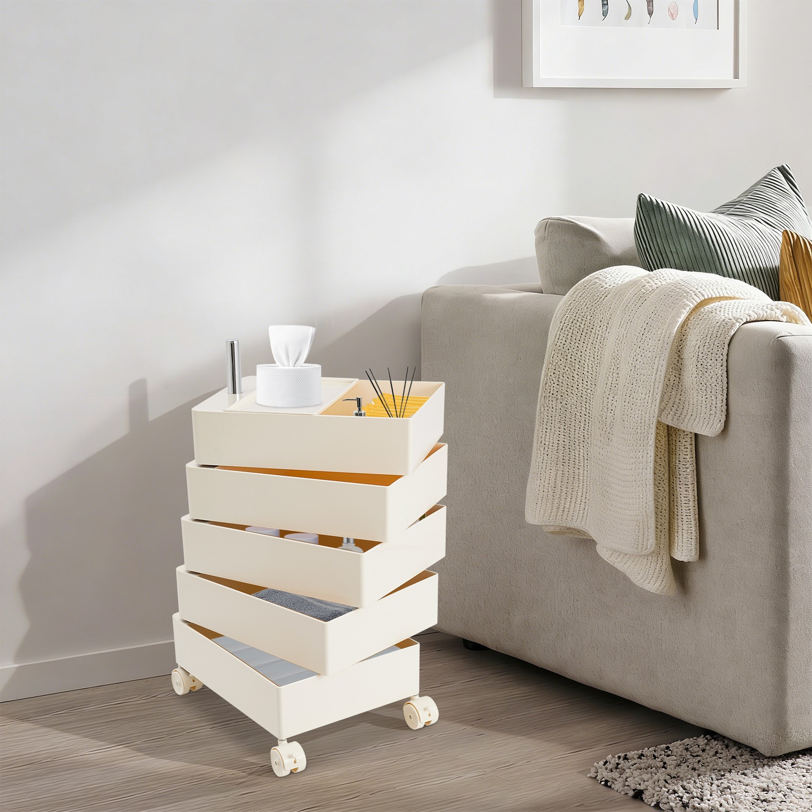 360° Rotating Sofa Side Cabinet Storage Cabinet Bedside Table Storage Rack White