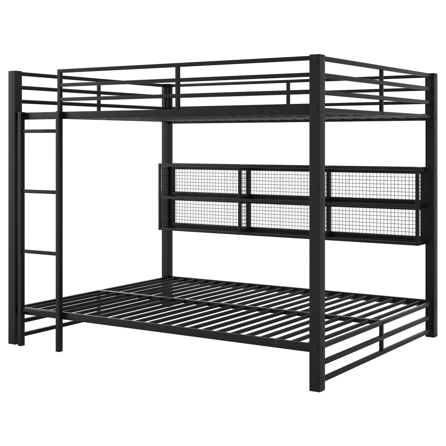 Queen Over Queen Metal Bunk Bed Frame with LED Lights & Storage Cabinets Black