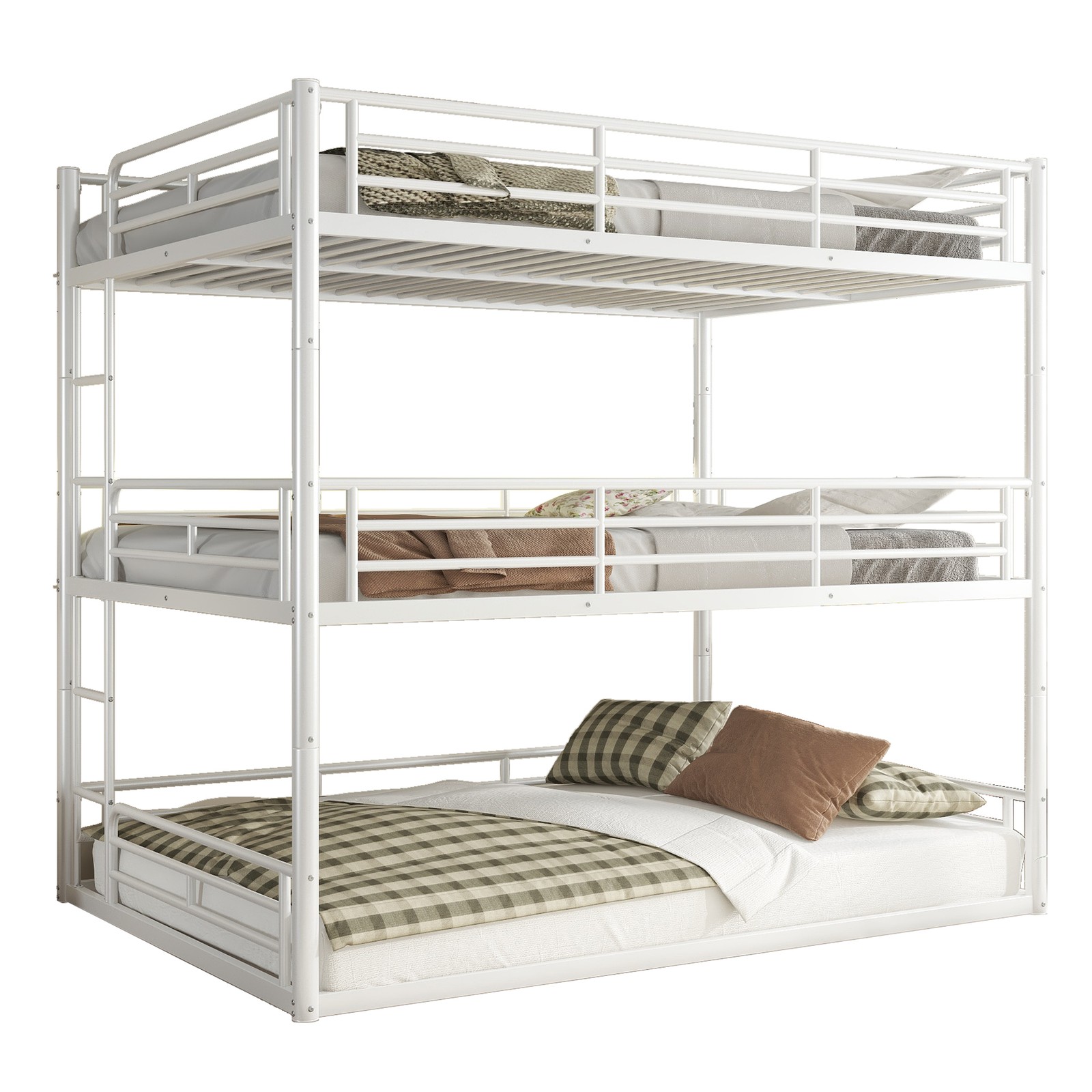 Queen over Queen over Queen Bunk Bed,Metal Triple Bunk Bed with Safety Guardrail