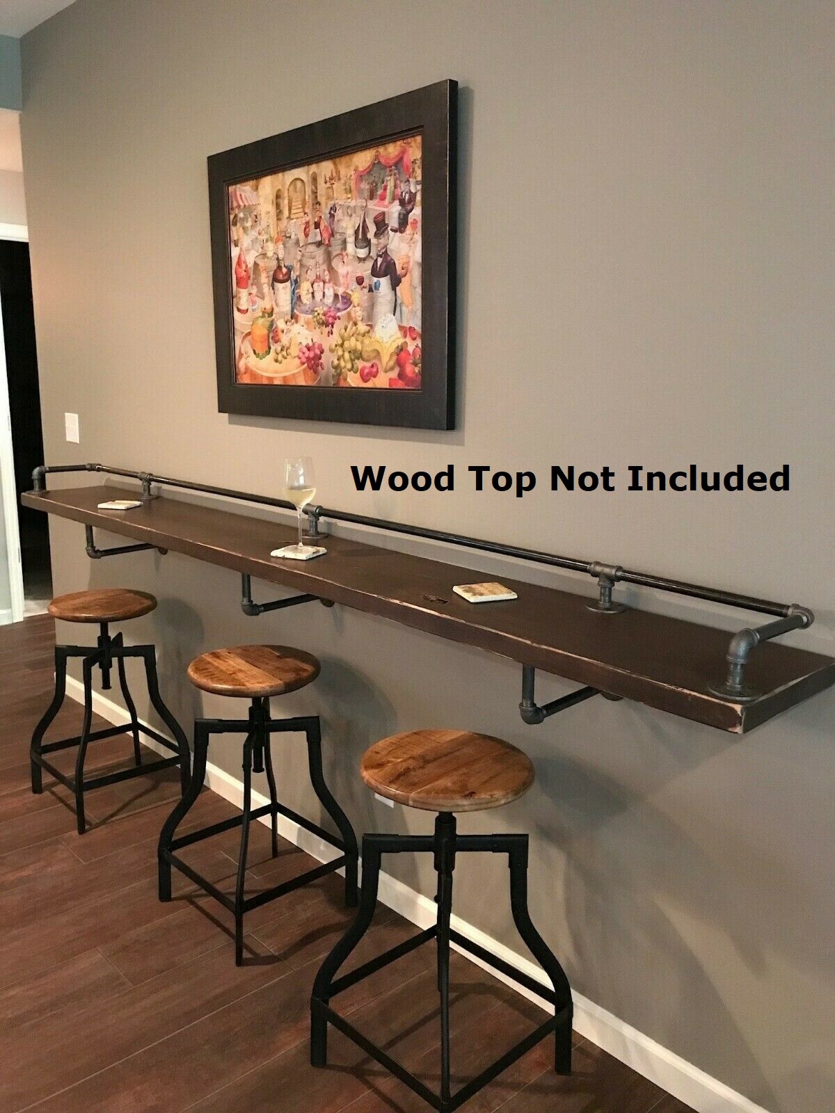 Industrial Pipe Drink Rail, 3 Shelf Supports Included, “DIY” Parts Kit -10″ Deep