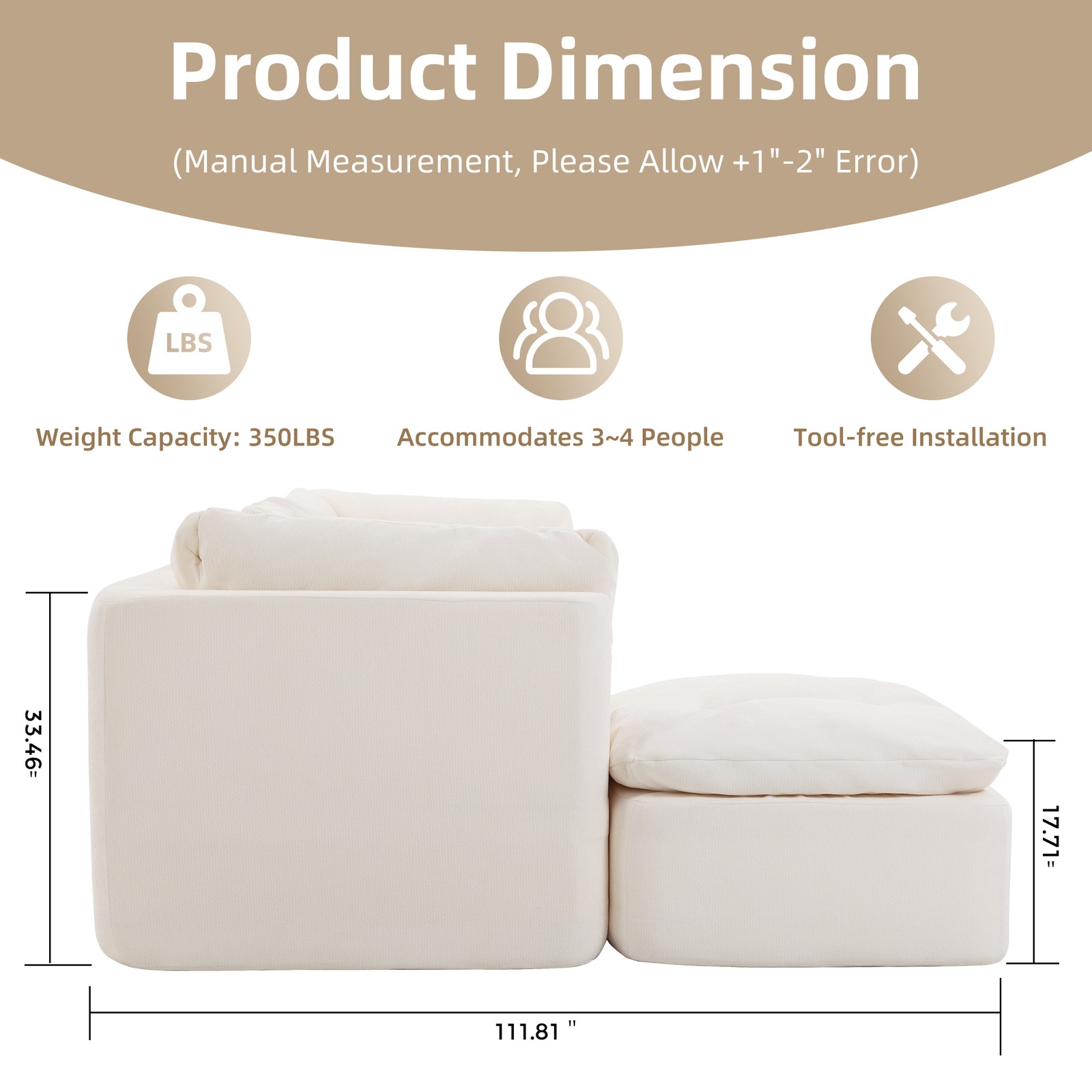 Modular Sectional Sofa Cloud L-Shaped 4-Seater Chenille Fabric Beige