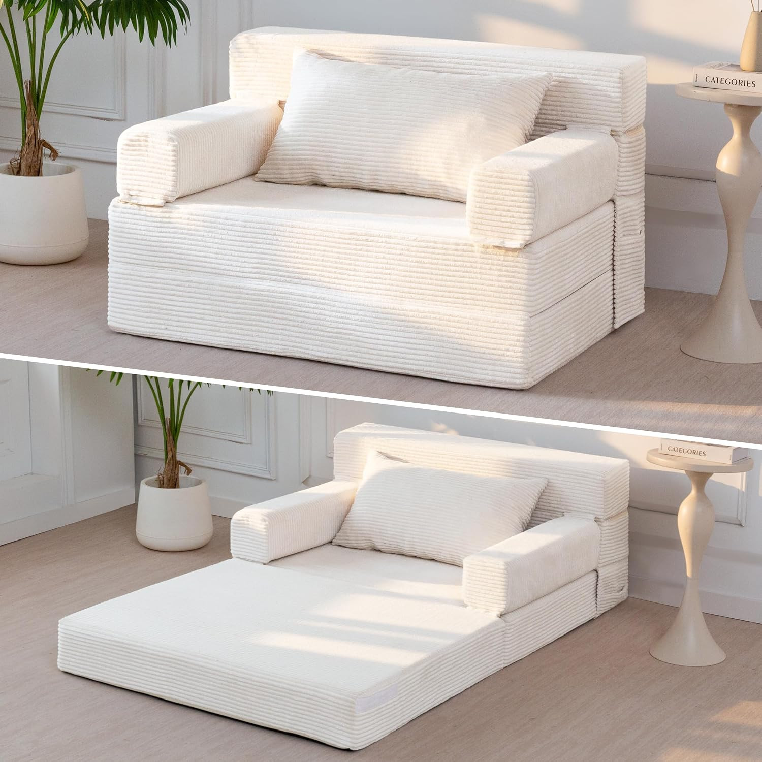 Corduroy Convertible Sofa Bed, 6 Inch Gel Tri-Folding Topper, Foldable Soft Pad
