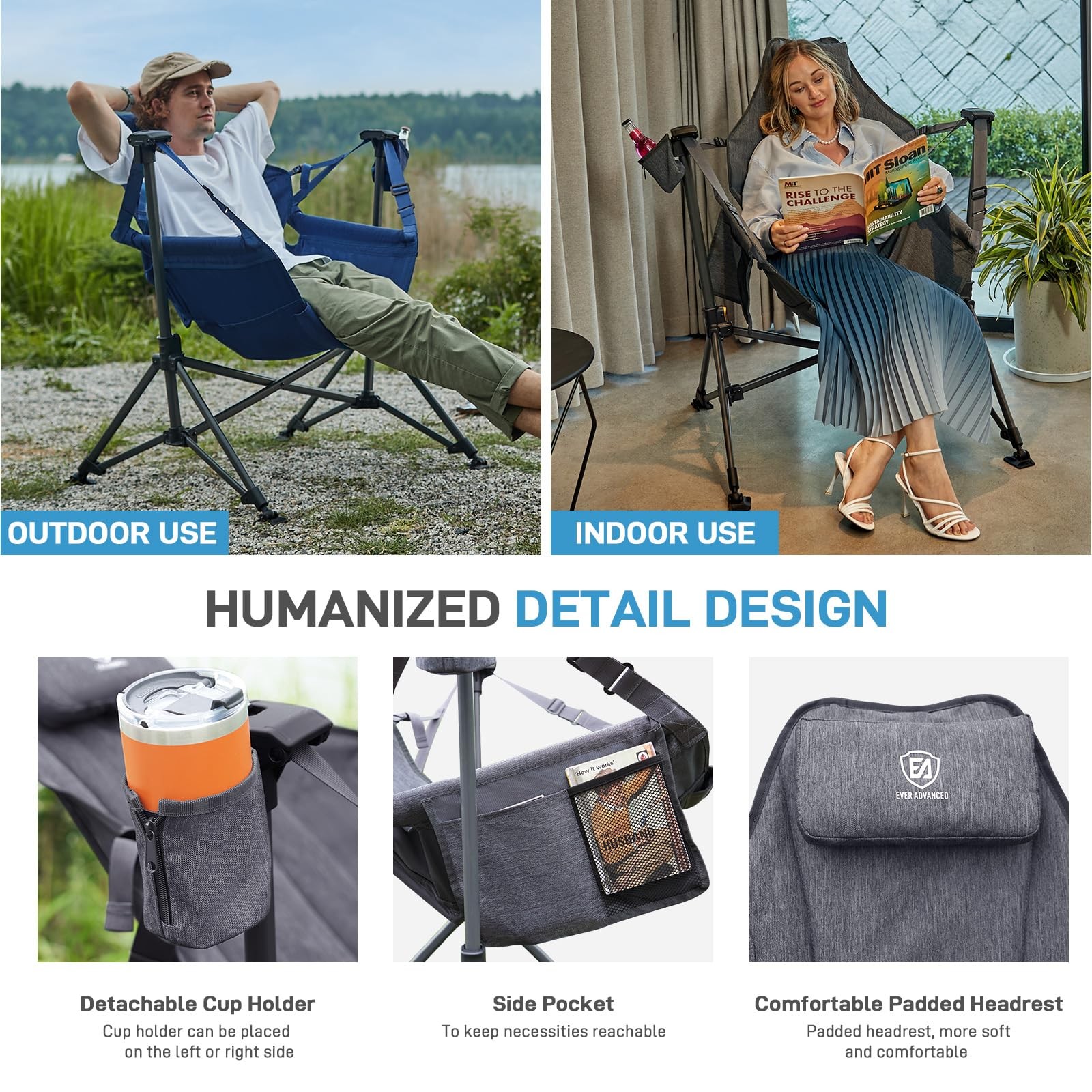 EVER ADVANCED Padded Hammock Camping Chair, Oversized Heavy 31.5 inches, Grey