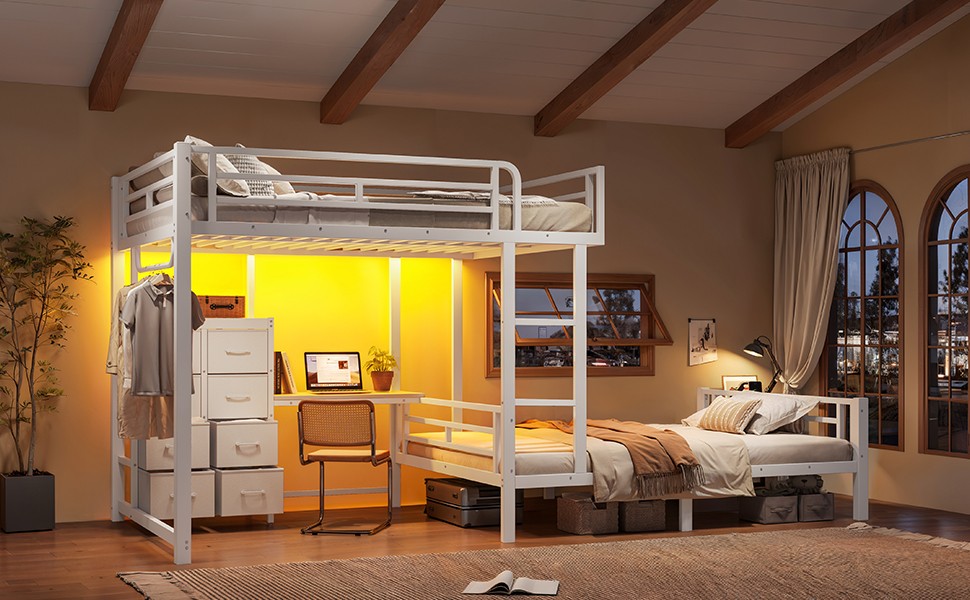 Full Over Full L-Shaped Bunk Bed with Desk, Drawers & Shelves, White
