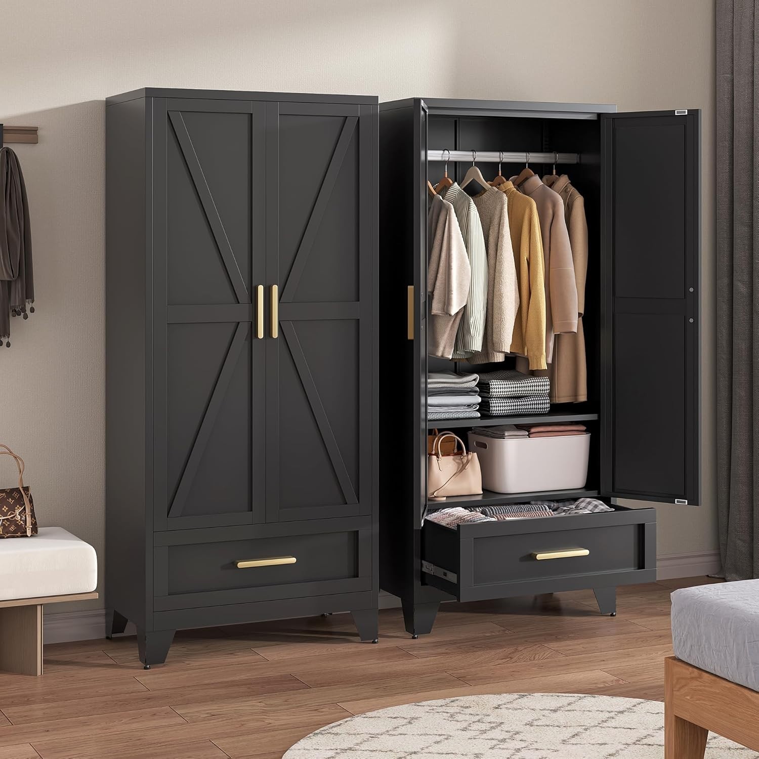 71″ Metal Armoire Wardrobe Closet With Hanging Rod ,Drawer For Clothing Storage