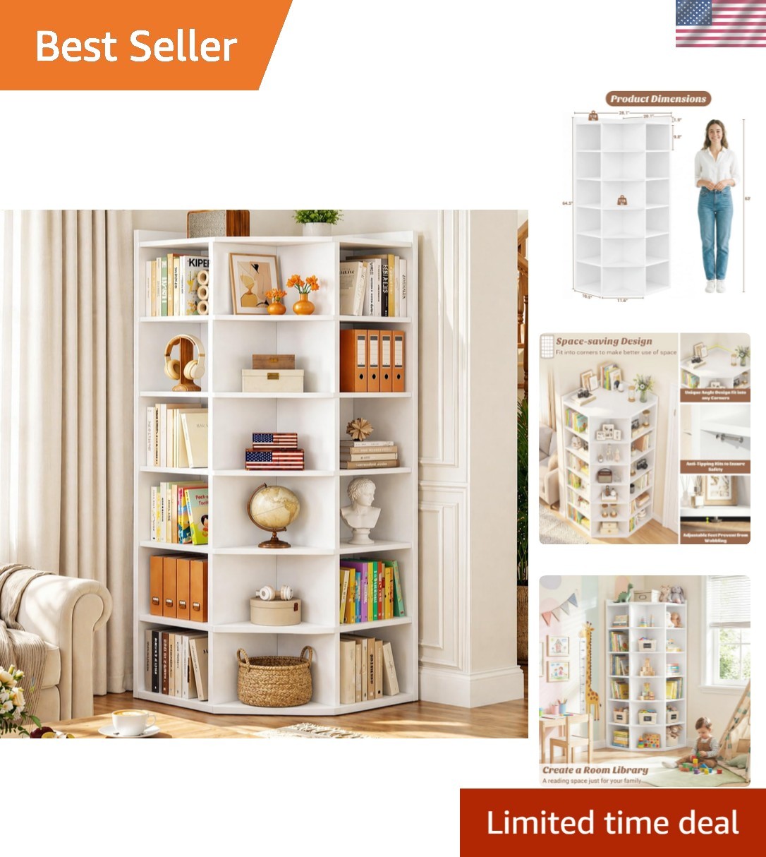 7-Tier Wooden Corner Cube Bookshelf, Corner Storage Cabinet with 18 Cubes, Co…