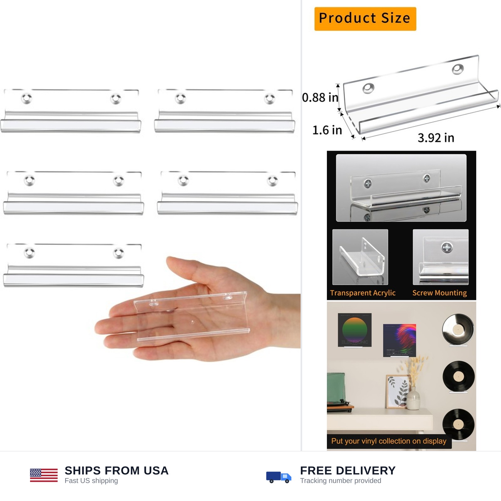 Jansburg 6 Pack Clear Vinyl Record Shelf Wall Mount Acrylic Album Display Hol…