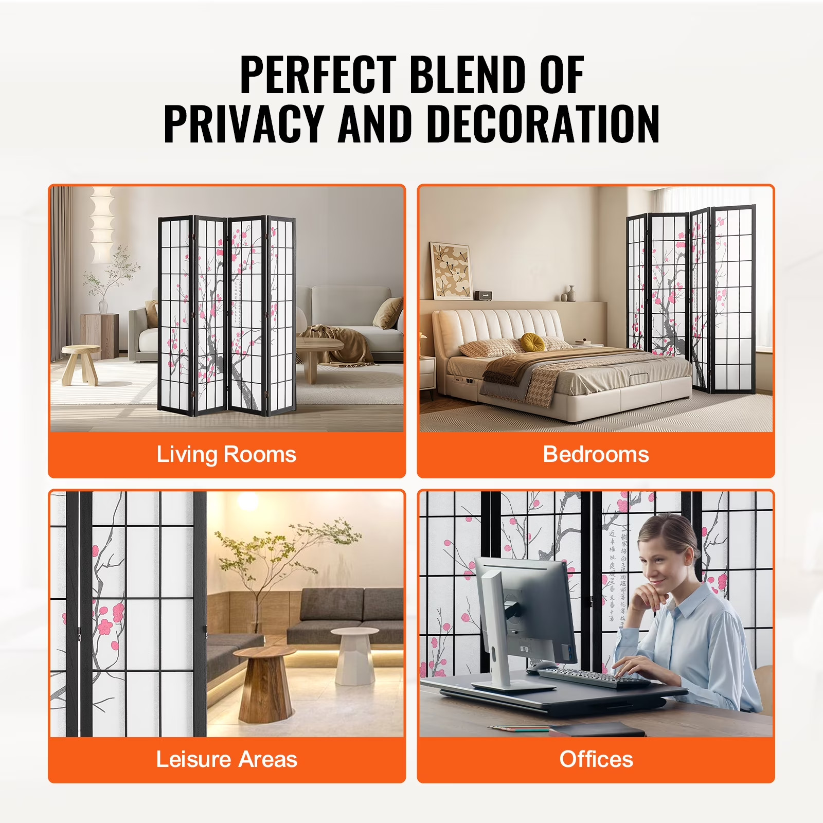 4-Panel Japanese Room Divider Screen, Wooden Folding Privacy Screen for Indoor U