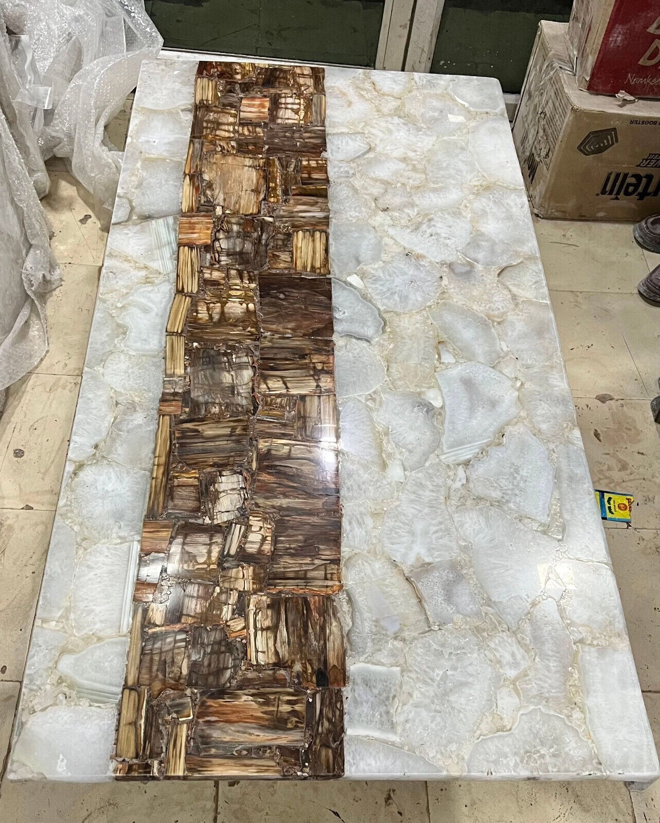 48″ x 30″ White Agate Petrified Wood Table Top Unique Home Decor