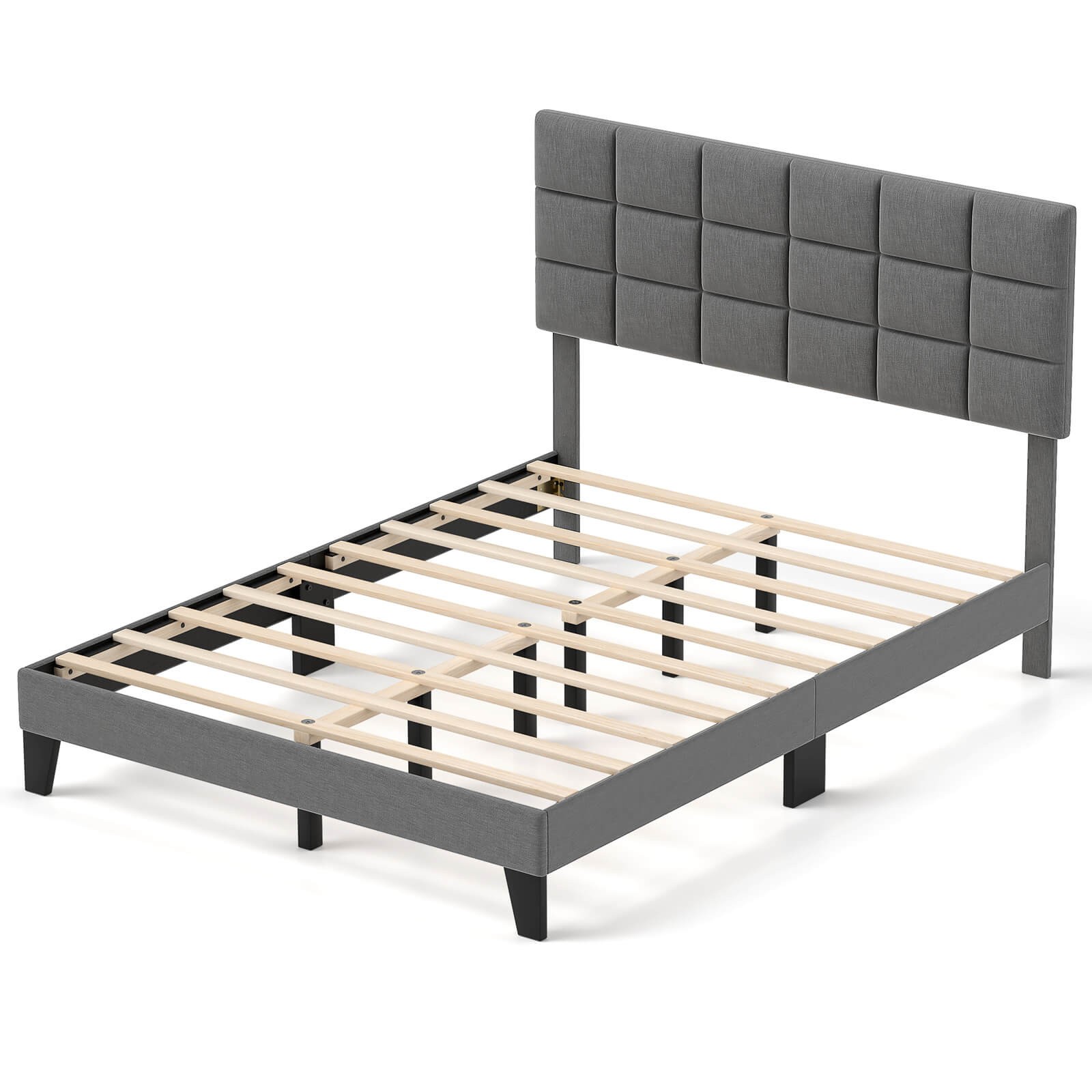Queen Size Bed Frame Modern Linen Fabric Upholstered Platform Bed with Headboard