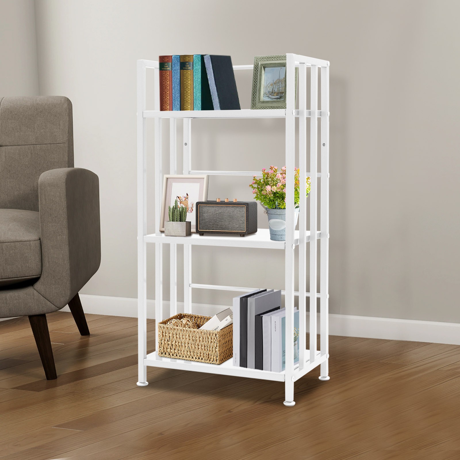 Open Shelf Bookcase, 3-Tier Display Rack, White, Baking Paint, Floor Mount