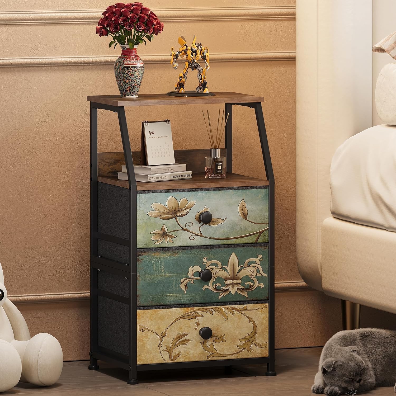 Tohomeor 3-Drawer Fabric Dresser, Nightstand w/Shelf, Bedroom Storage