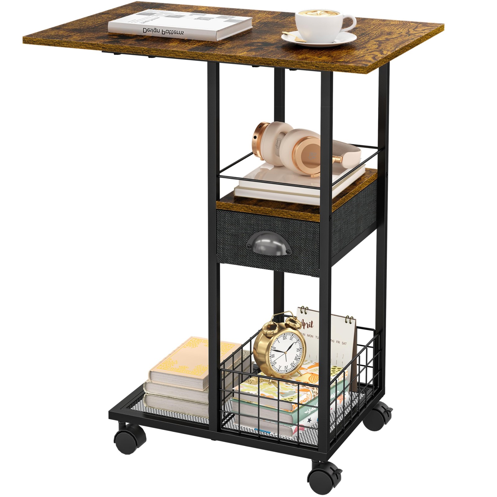 Rolling C-Shaped Side Table with Wheels X-Large (With Drawer & Wheels), Black