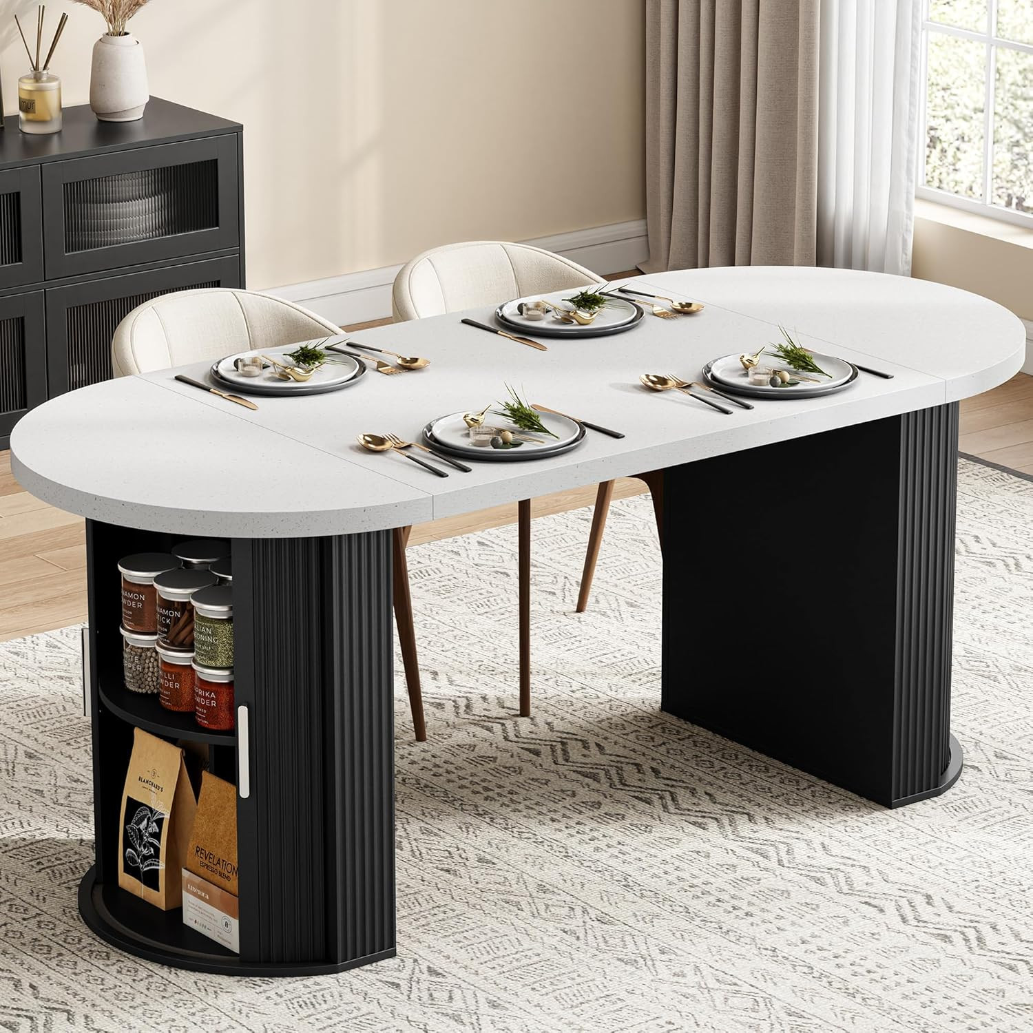 Modern Farmhouse 71″ Oval Dining Table with Hidden Storage & Faux Quartz Top
