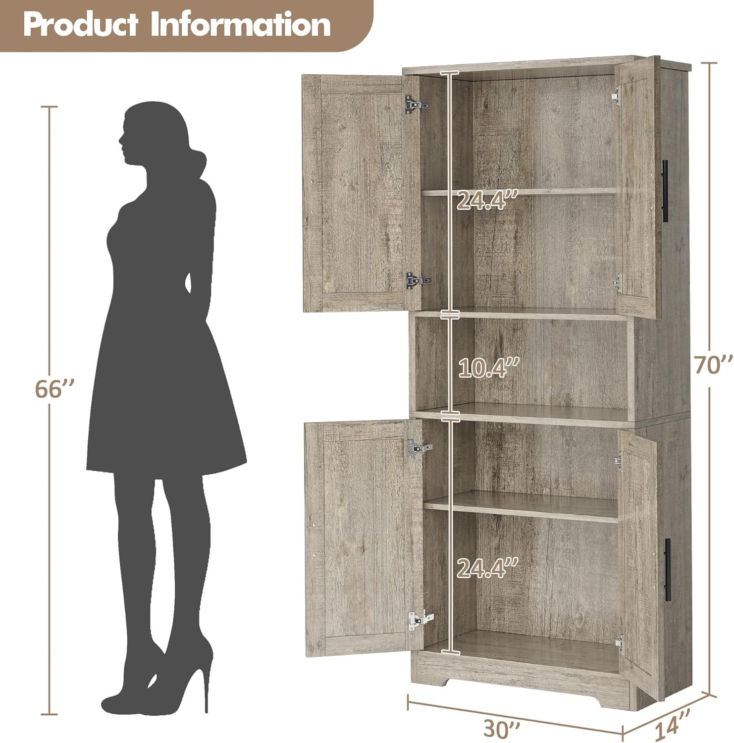 70in Tall Kitchen Pantry Cabinet Storage Cabinet with Doors & Adjustable Shelves