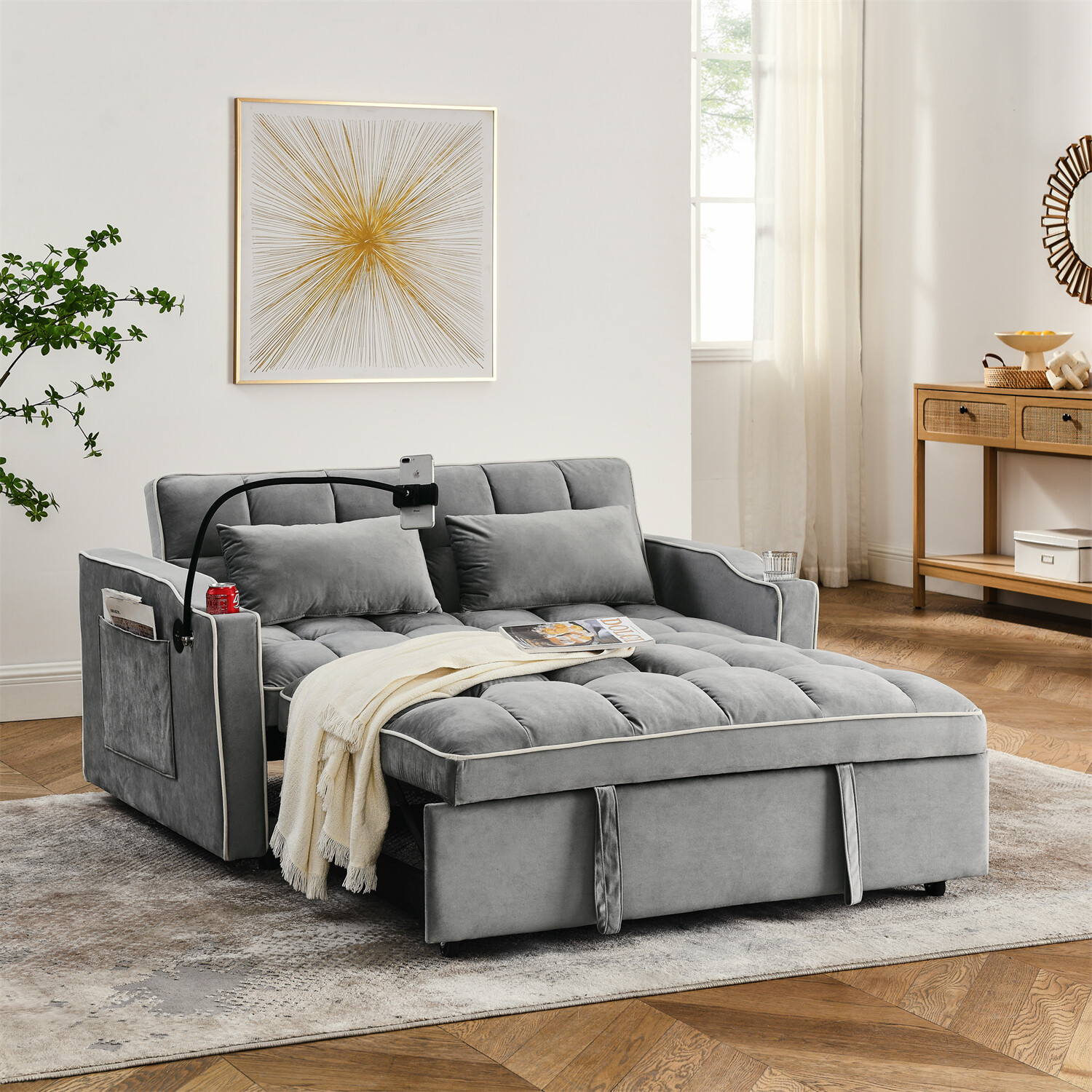 55.5in Convertible Sleeper Sofa Bed Loveseat Sofa 2 Seater Couch w/ Pull-Out Bed