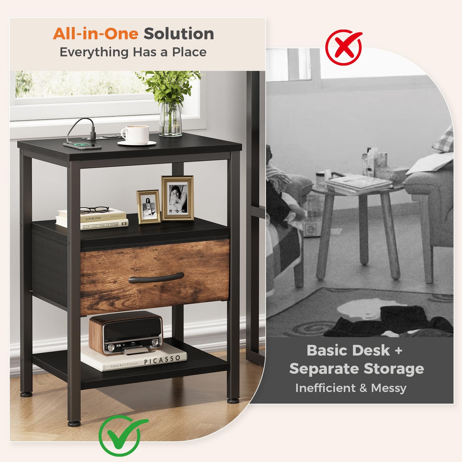 Bedside Table Charging Station Fabric Drawer 3Tier Storage End Black Brown