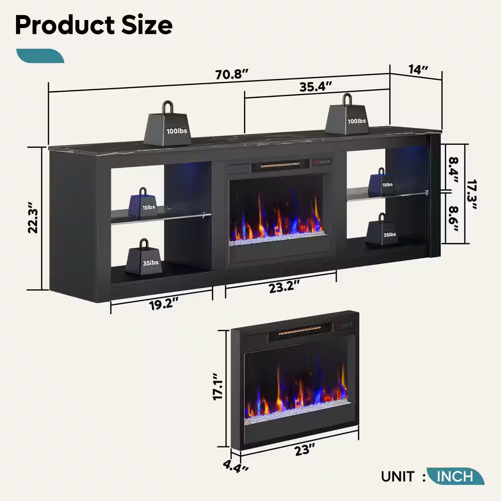 70.8 In. Black TV Stand with Fireplace Fits Tvs up to 75 In. LED Entertainment C