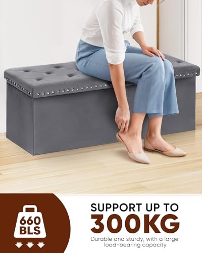 Storage Ottoman Bench, Folding Tufted Ottomans with 43.3×15.7×15.7 inches Grey