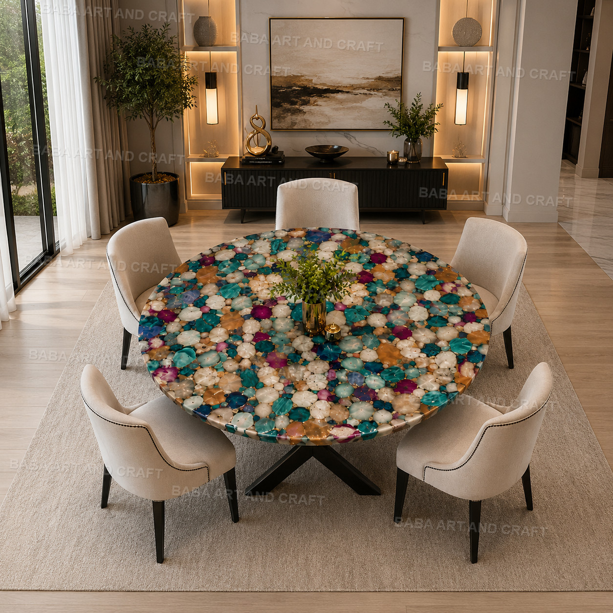 Round Multi Color Agate Dining Table Top Handmade Gemstone Luxury Table 15X15