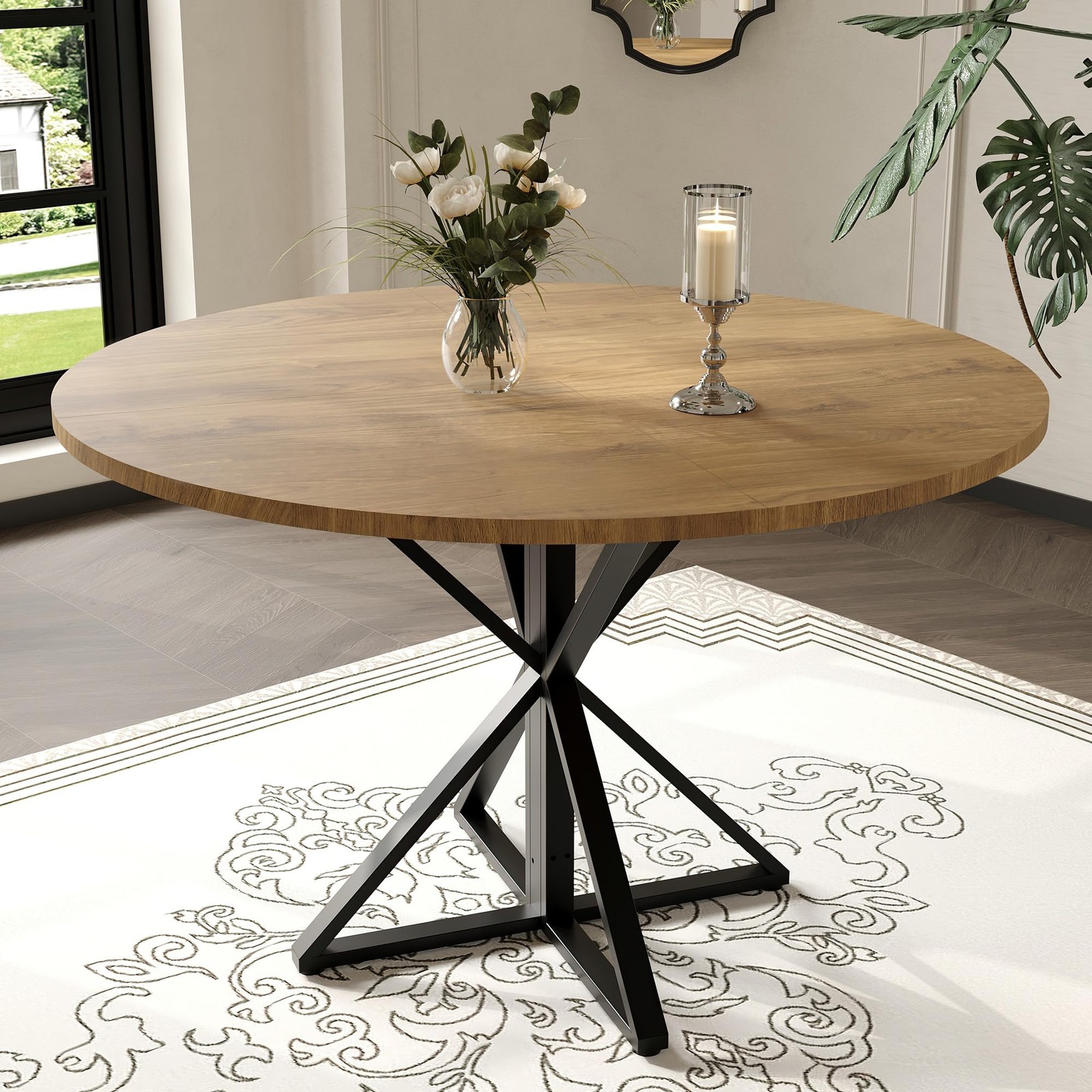 47” Round Restaurant Dining Table with Sturdy Black Iron Pedestal for 4 People