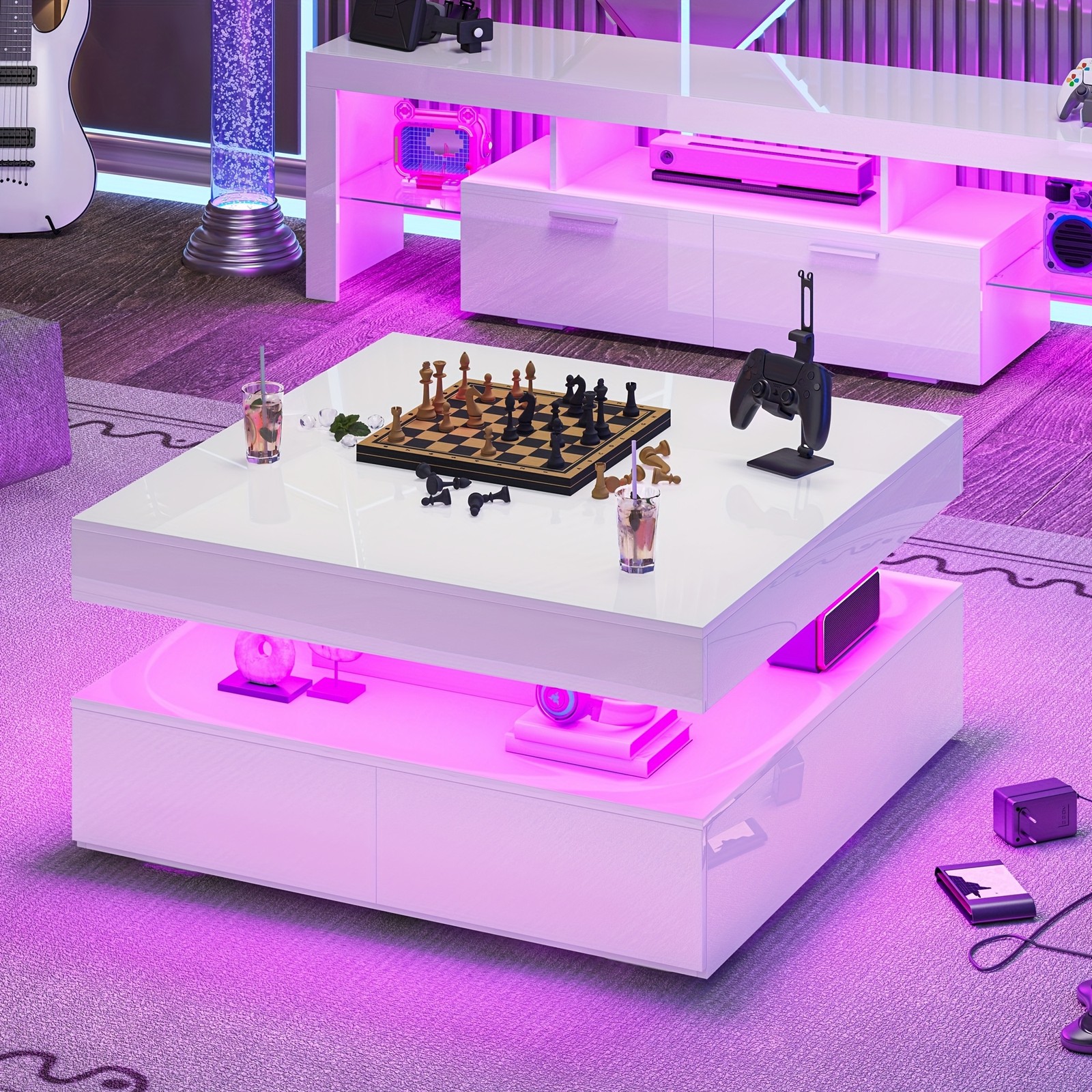 30.7″ White LED Coffee Table, High Gloss Square, 2 Drawers, Modern Center