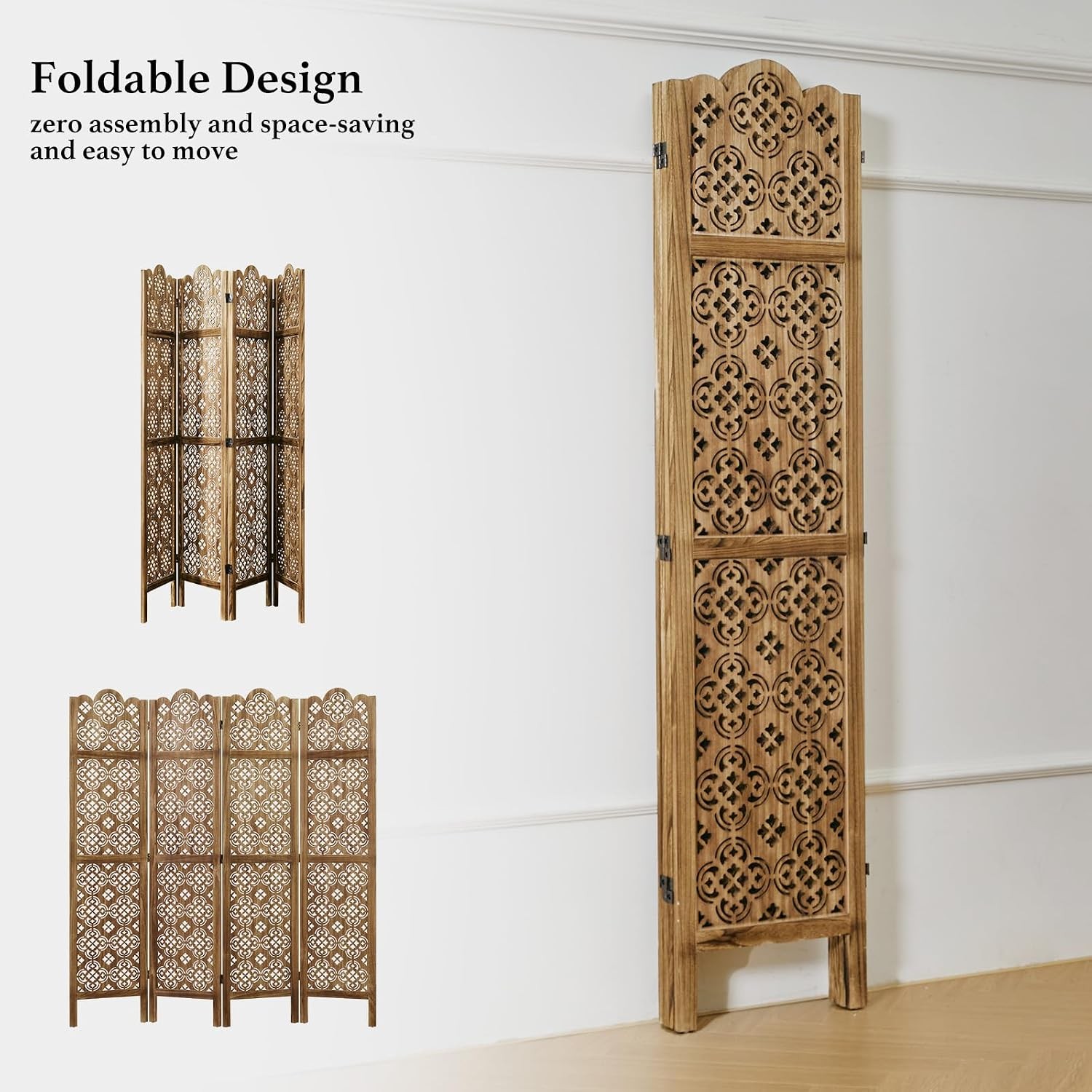 68.9Inch Folding Room Divider, 4 Panels Wood Carved Screens – Ideal Decorative