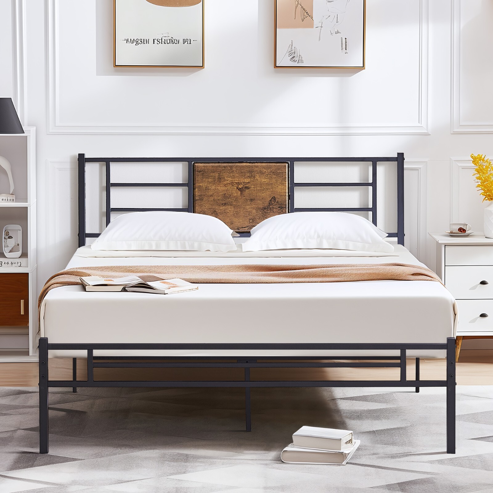 Metal Bed Frame w/Wood Headborad Twin Full Queen Size Slat Support Platform Bed