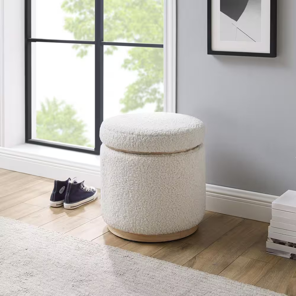 Savoy Cream White Sherpa Fabric round Storage 18 In. Ottoman