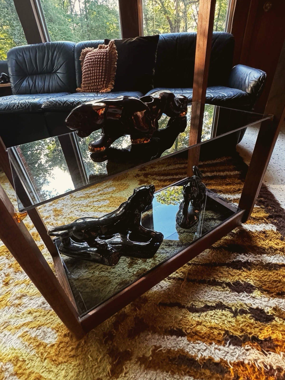 70’s Smoked Glass and Walnut Etagere Mid Century Vintage Shelf
