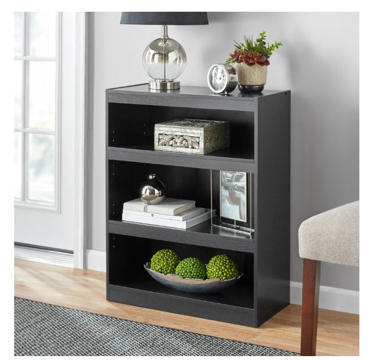 Framed 3-Shelf Bookcase Adjustable Shelves True Black Oak Storage
