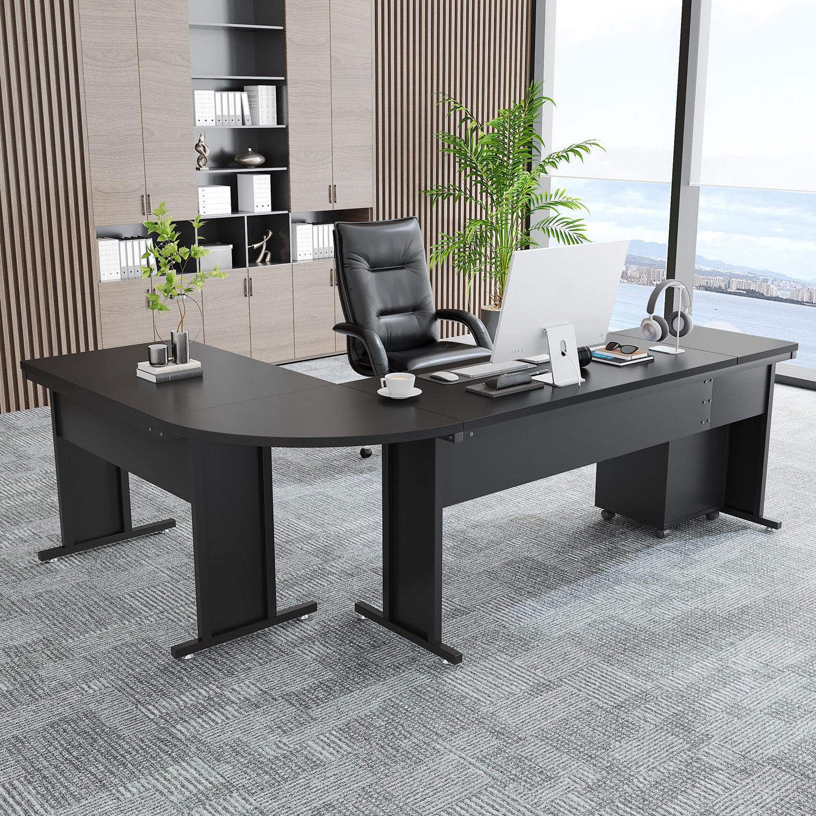 82.6 Inch L-shaped Executive Desk with File Cabinet Large Office Computer Desk