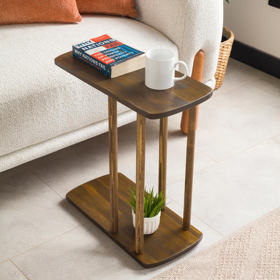 C-Shaped Solid Wood End Table for Couches – Dark Walnut, Large Size