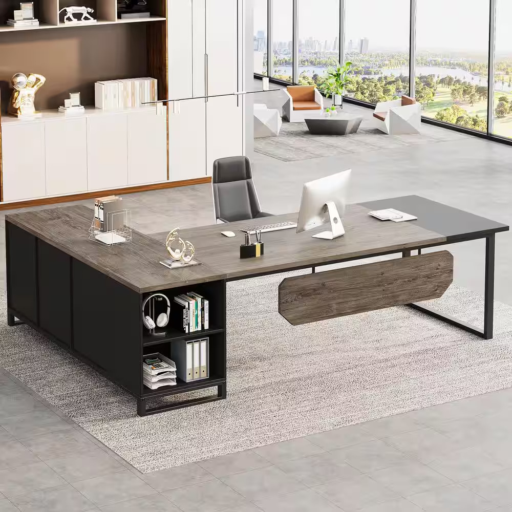 Capen 70.8 In. L Shaped Gray and Black Wood Executive Desk with 55 In. File Cabi