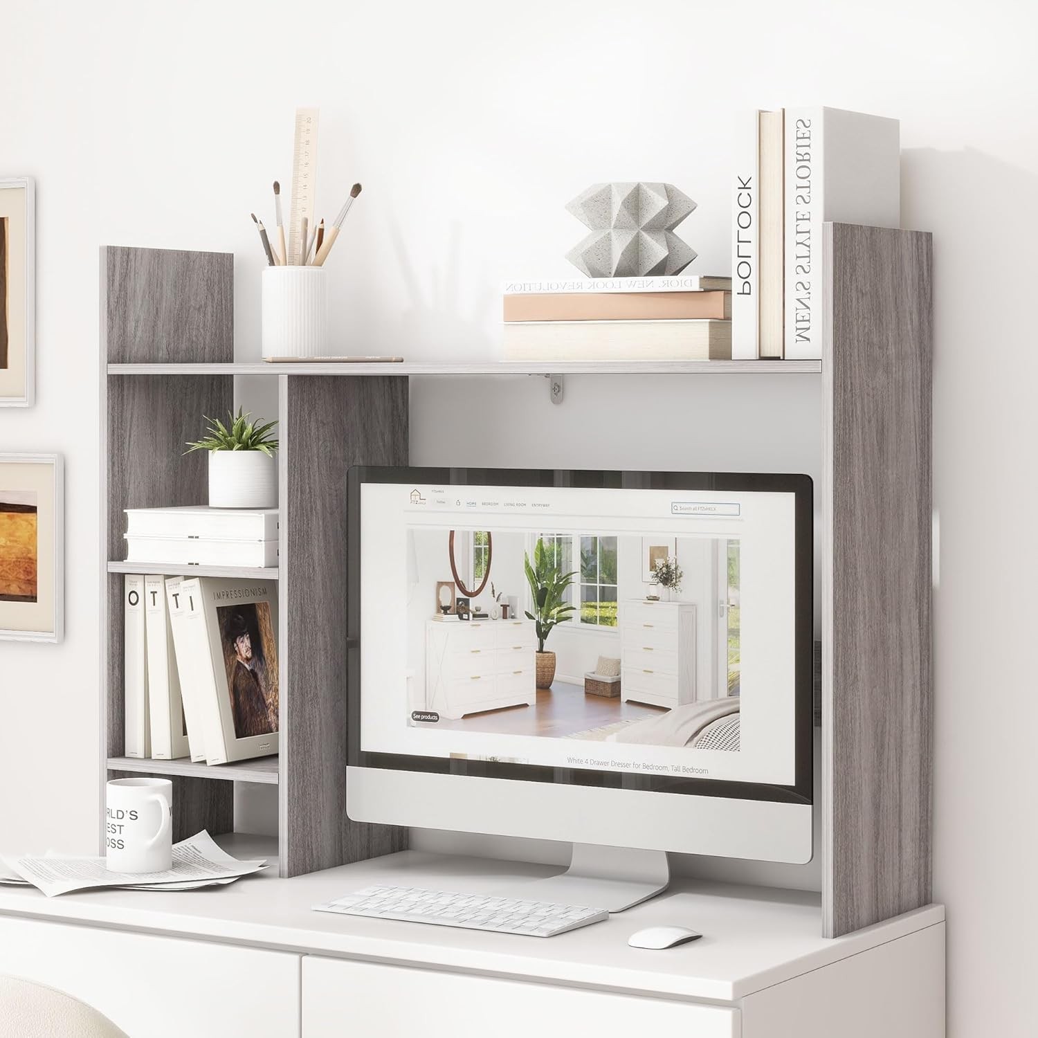Desktop Bookshelf Wooden Desk Hutch Computer Monitor Up to 27” W/ 3 Open