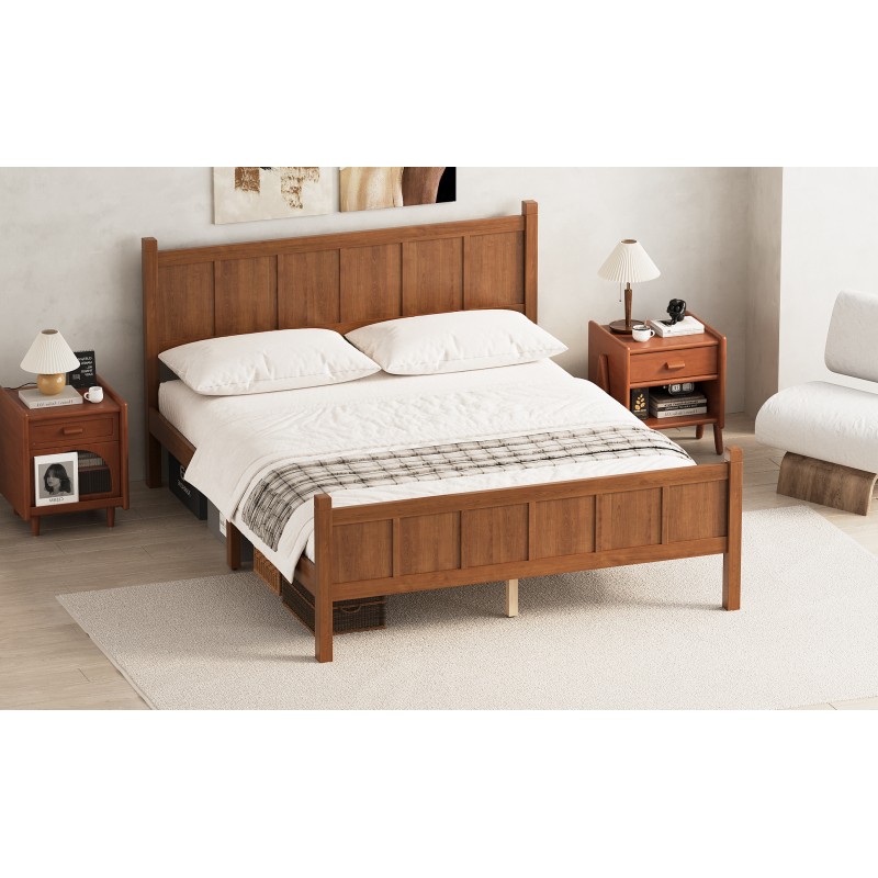 Queen Size Flat Panel Bed with Headboard Farmhouse Platform Bed Frame Walnut