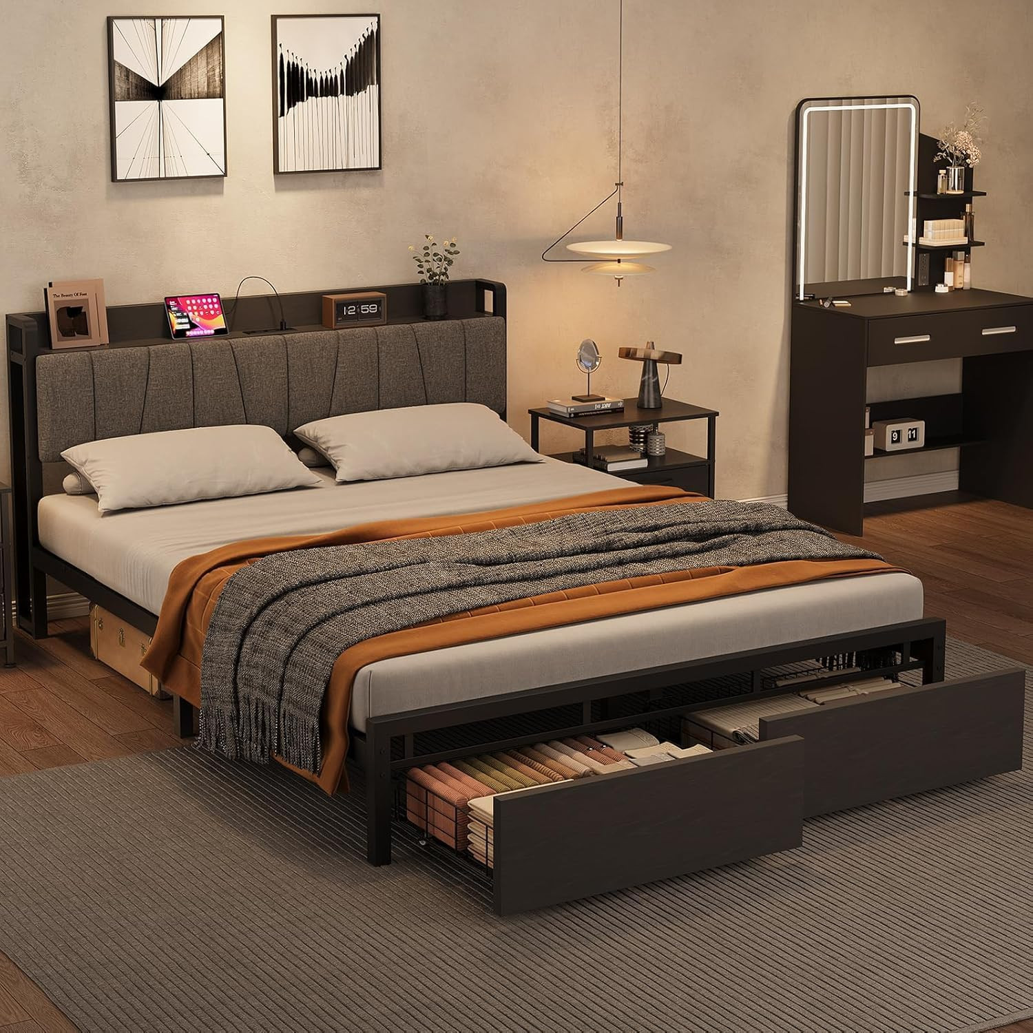 Modern Platform Bed Frame with Storage, Upholstered Headboard & Charging Station