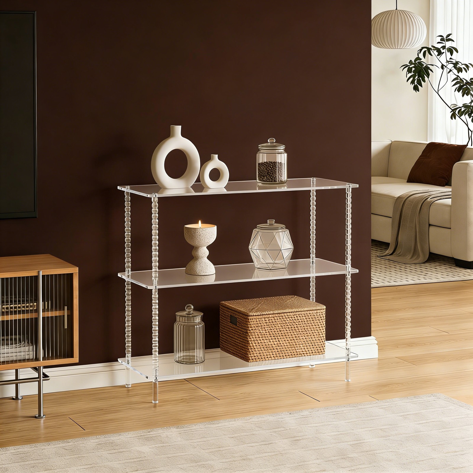 Entryway Acrylic Side Table,3-Tiers Sofa Table,Bookshelf w/ Open Storage Shelves