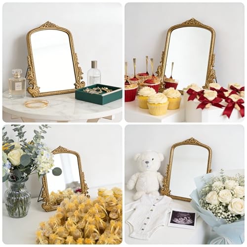 Small Vintage Vanity Makeup Desk Mirror, Antique Traditional Arch Antique Gold