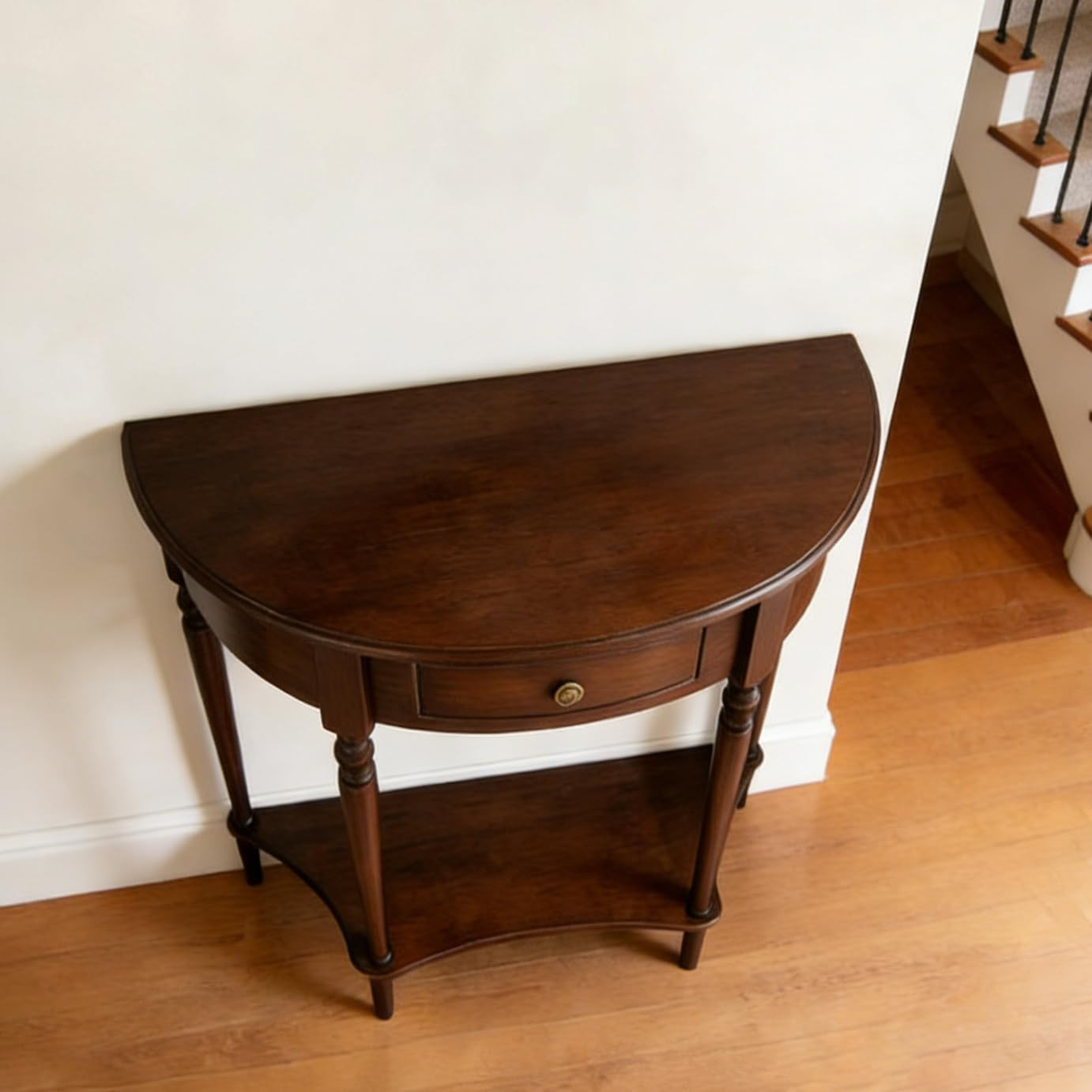 Vintage Half Moon Console Table with Drawer – Walnut Entryway Foyer Table