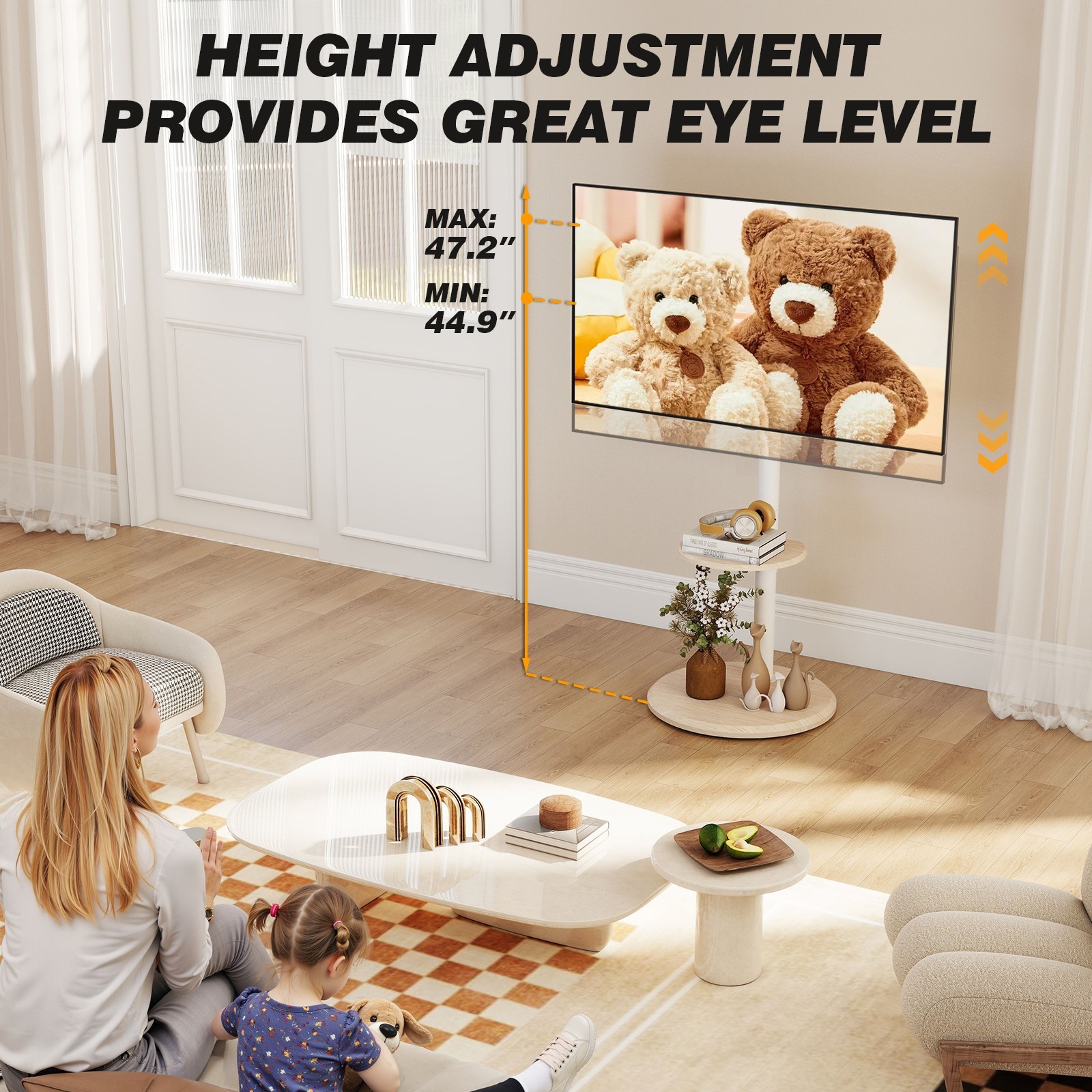 Mobile Floor TV Stand with Round Wooden Base for 32-65 inch TVs, Adjustable Tilt
