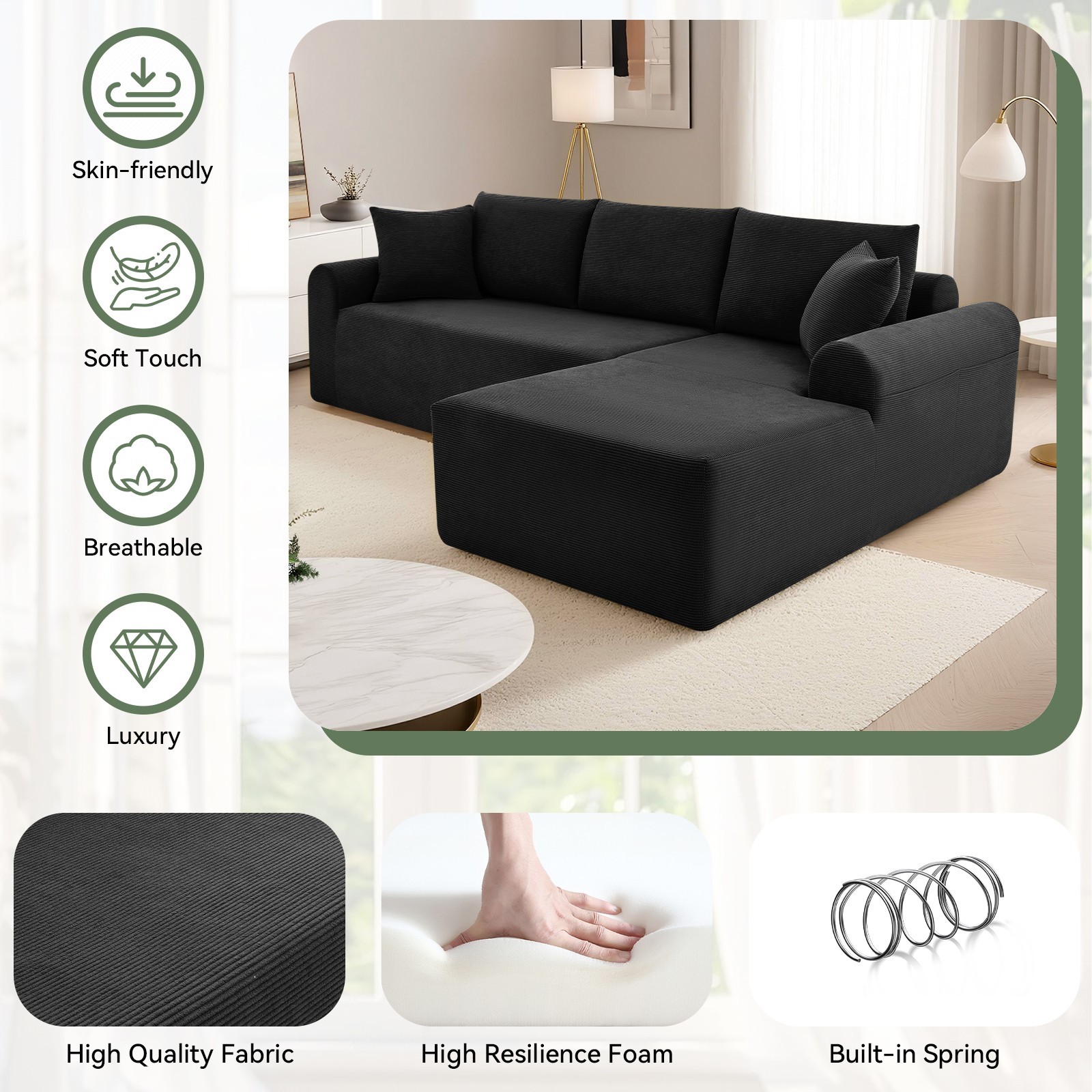 Convertible Modular Sectional Sofa, L-Shaped Boneless Couch with Chaise Lounge