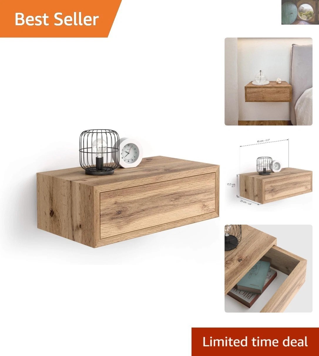 Stylish Rustic Oak Floating Nightstand – Fully Assembled Modern Design at 17.7″