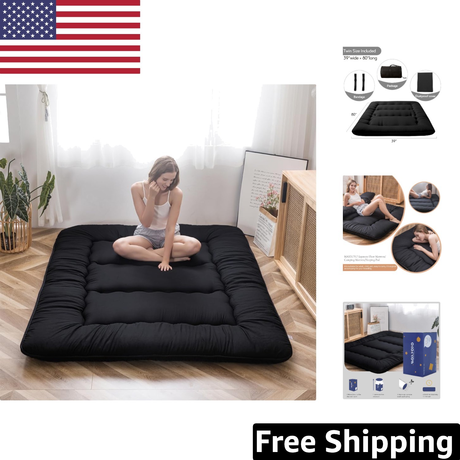 Twin Size Japanese Futon Mattress: Breathable, Foldable Black Sleeping Solution