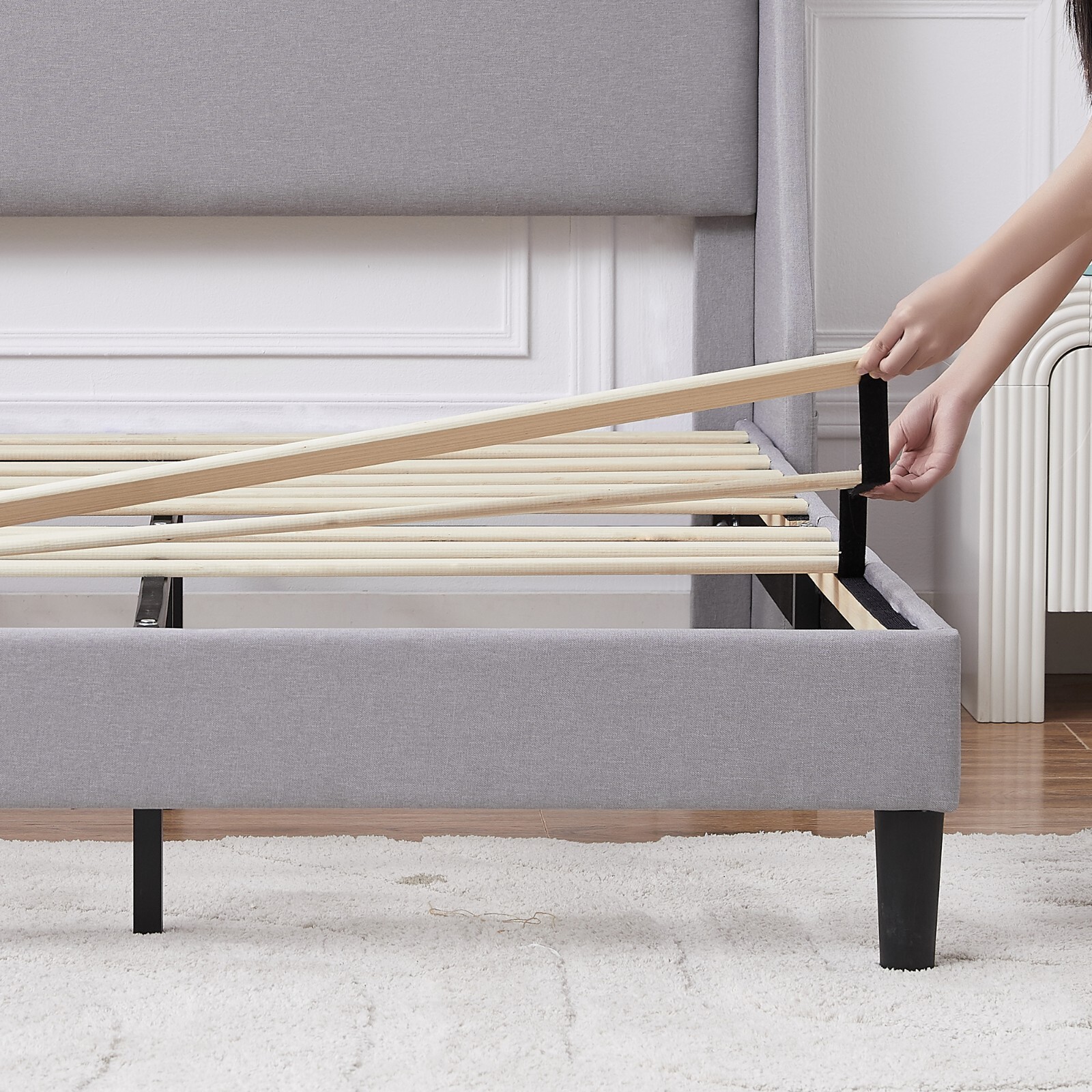 Upholstered Bed Frame w Built-In USB Ports Mattress Foundation w Wide Headboard