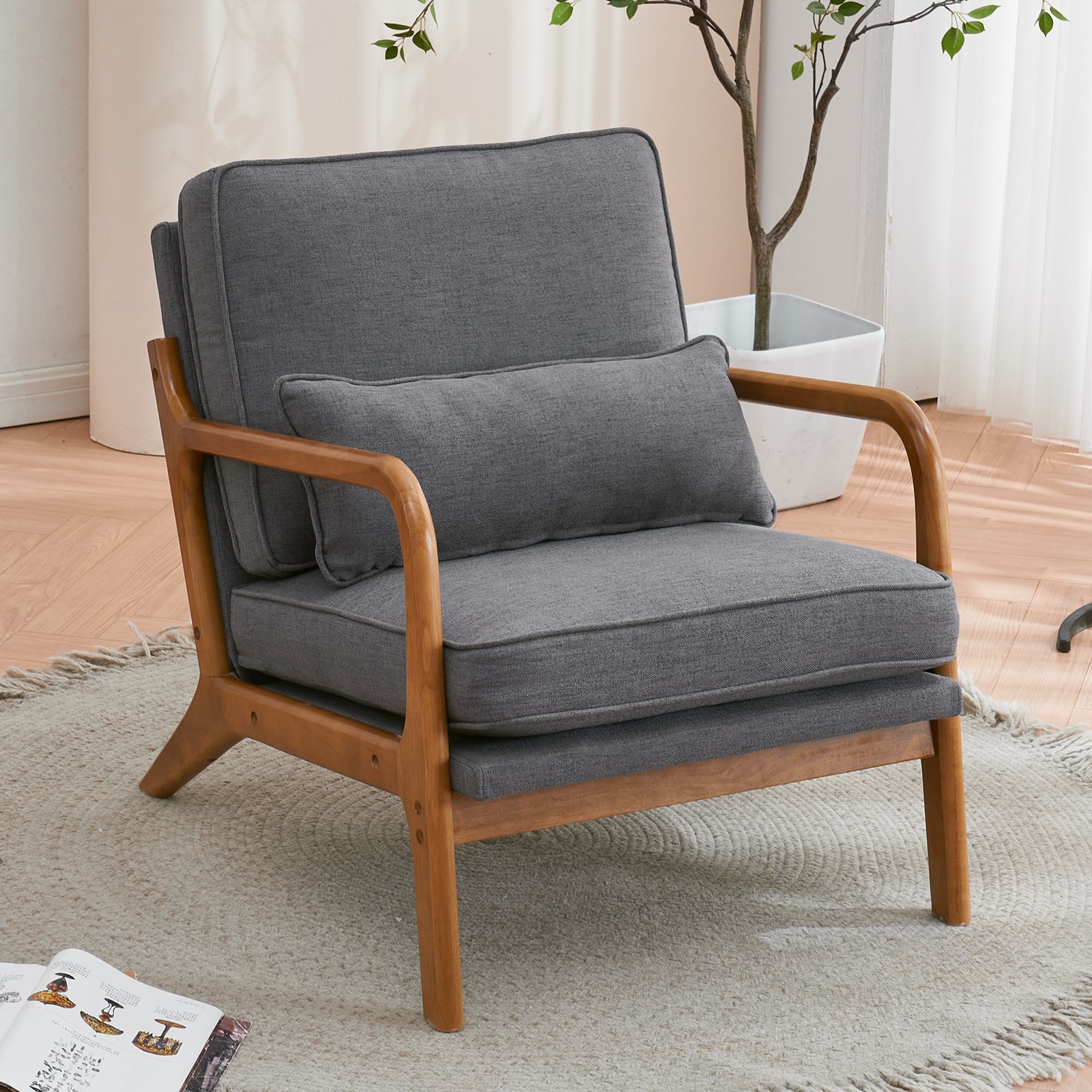 Oak Armrest Upholstered Single Lounge Chair Dark Grey